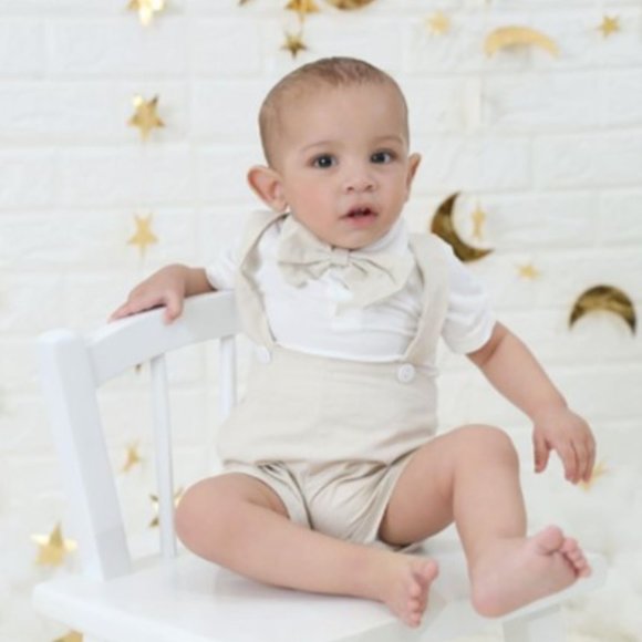 Classic Winnie the Pooh Beige Boy First Birthday Outfit Clothes Suspenders - Picture 4 of 9